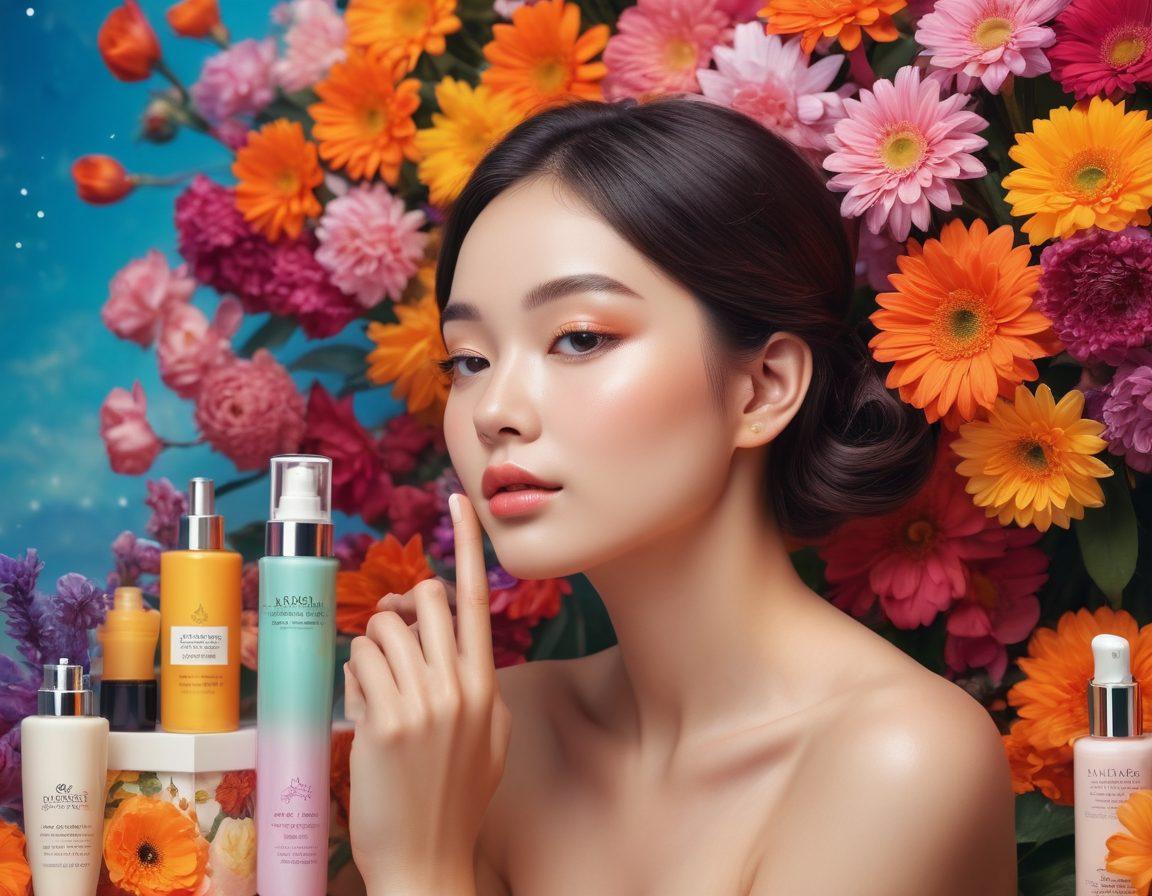 A visually stunning composition blending elements of manga art and skincare products. On one side, a whimsical manga character applying a moisturizer to her skin, surrounded by vibrant, colorful flowers symbolizing self-care. On the other side, a luxurious array of skincare products, highlighted with soft, inviting lighting, showcasing their textures. The background demonstrates an ethereal and intimate atmosphere, merging fantasy and reality. super-realistic. vibrant colors. soft lighting.