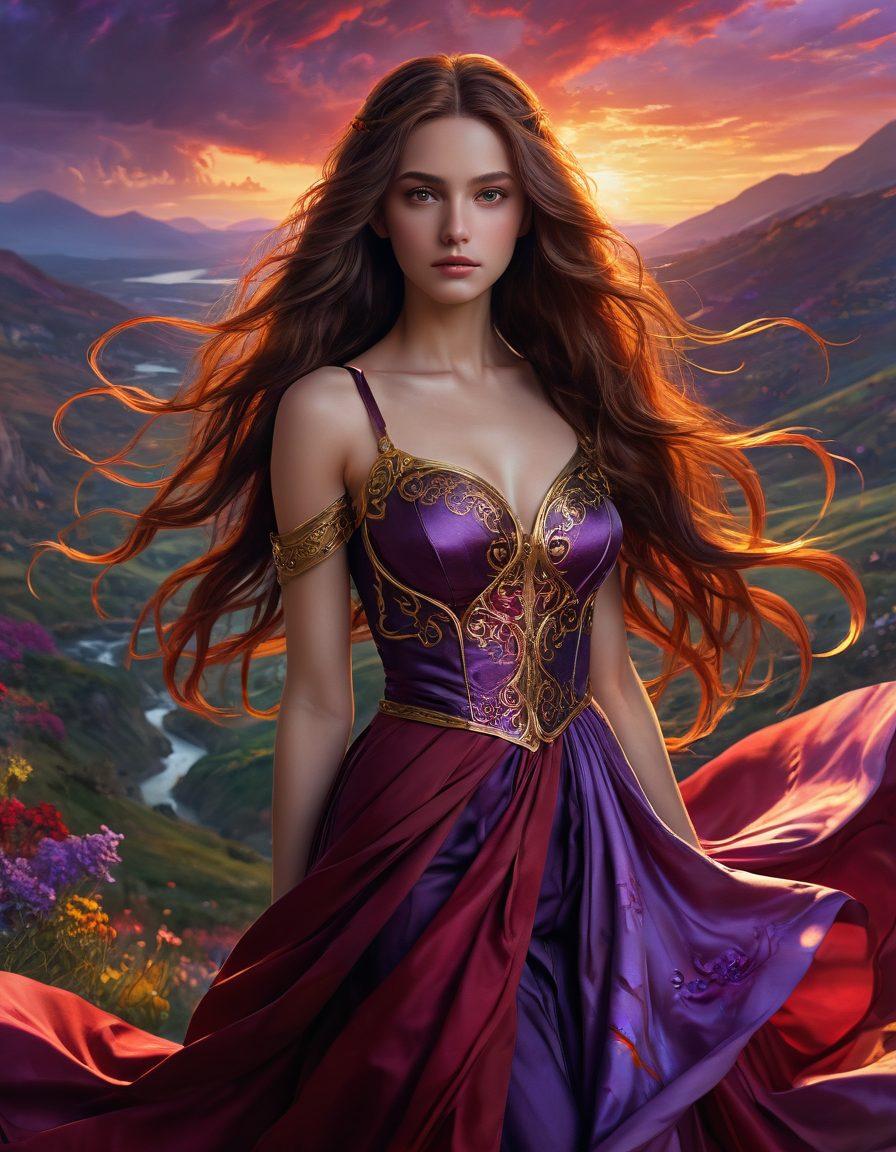 A captivating scene of an enchanting animated character with flowing hair and captivating eyes, surrounded by swirling colors symbolizing desire and passion. The background showcases a blend of beautiful, dreamlike landscapes and sensual artistic elements, evoking a sense of allure and fantasy. Combine elements of beauty and eroticism, with glowing highlights and soft shadows to enhance the mood. vibrant colors. fantasy art. dramatic lighting.