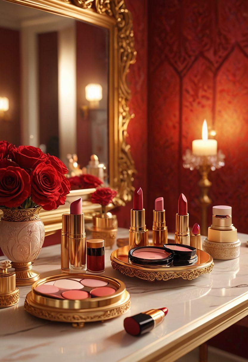 A captivating scene featuring a luxurious vanity table adorned with elegant beauty products, intertwined with elements of playful adult animation characters in a flirty pose. The background should be a dreamy, soft-focus ambiance that radiates warmth and allure, complementing the beauty products. The color palette should be rich and seductive, with deep reds, golds, and soft pastels. Combining realism with whimsical animation style for a unique blend. super-realistic. vibrant colors. soft focus.
